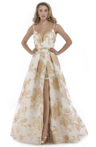 Morrell Maxie - 16091 Plunging V-neck Metallic Brocade A-line Dress in White and Gold