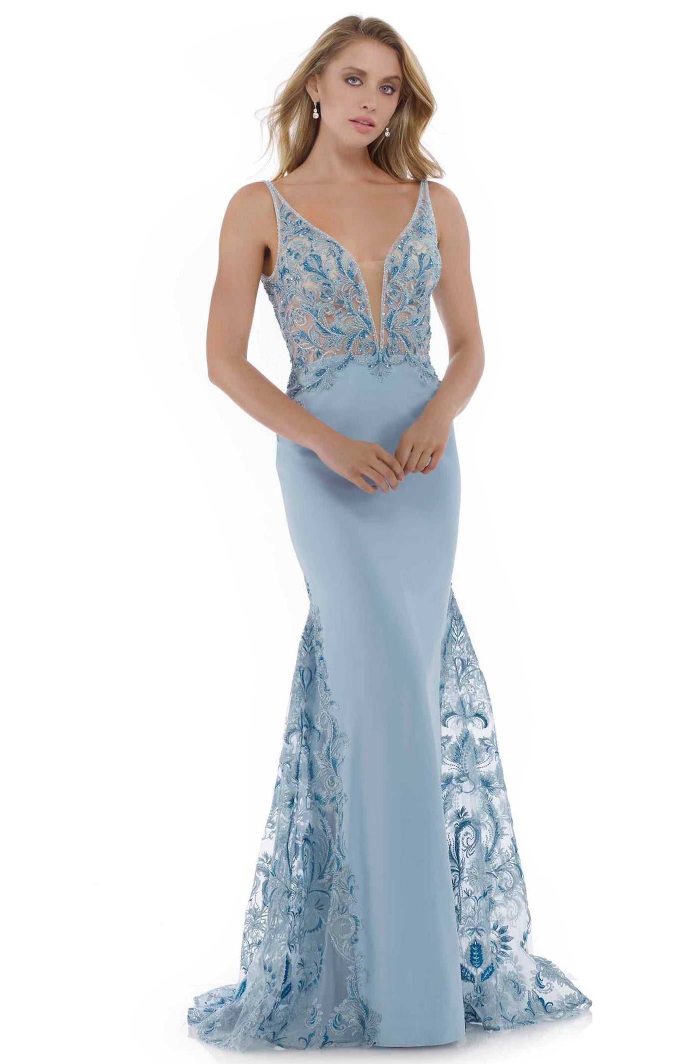 Morrell Maxie - 16098 Embroidered Deep V-neck Mermaid Dress in Blue