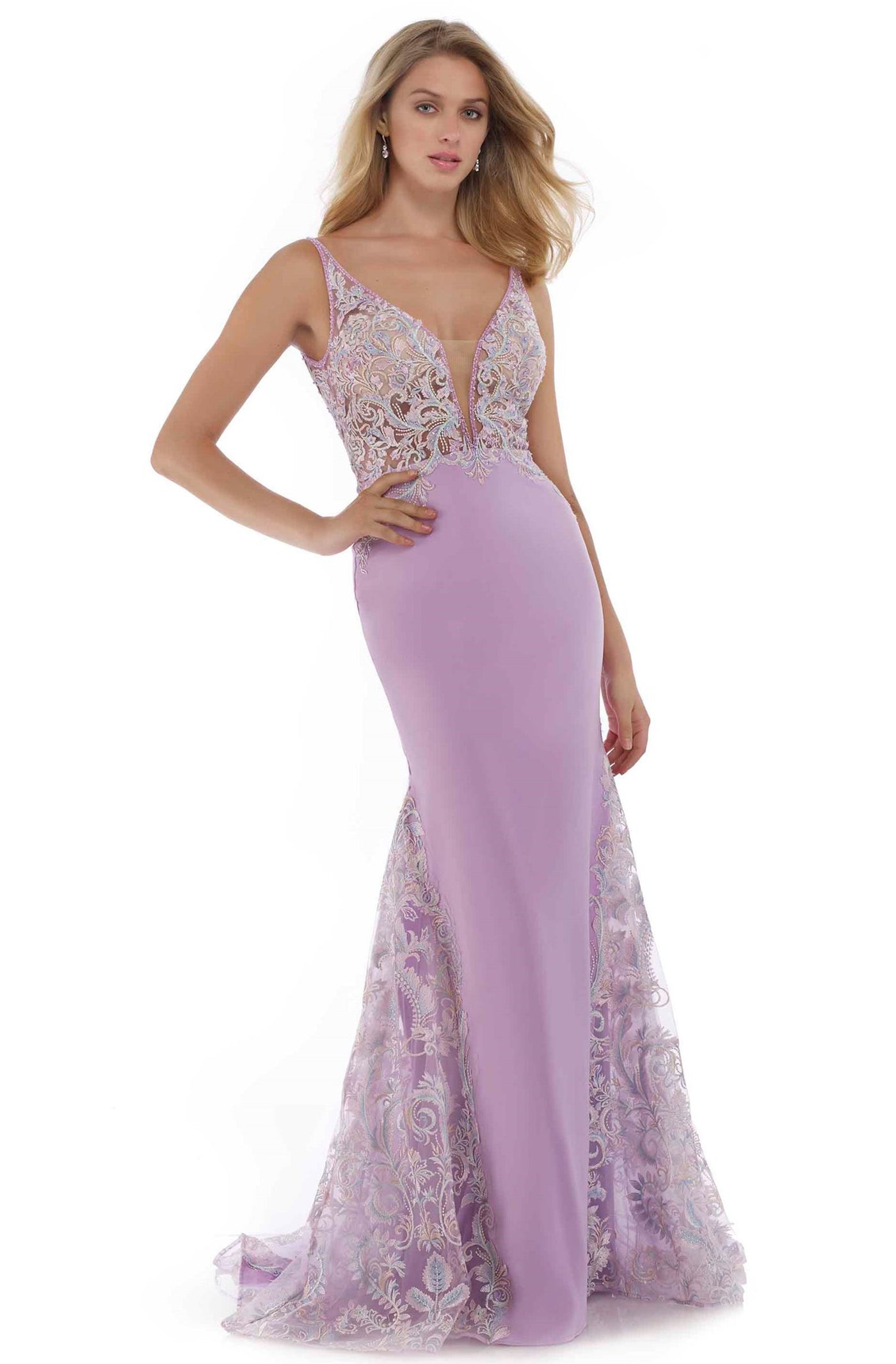 Morrell Maxie - 16098 Embroidered Deep V-neck Mermaid Dress in Purple