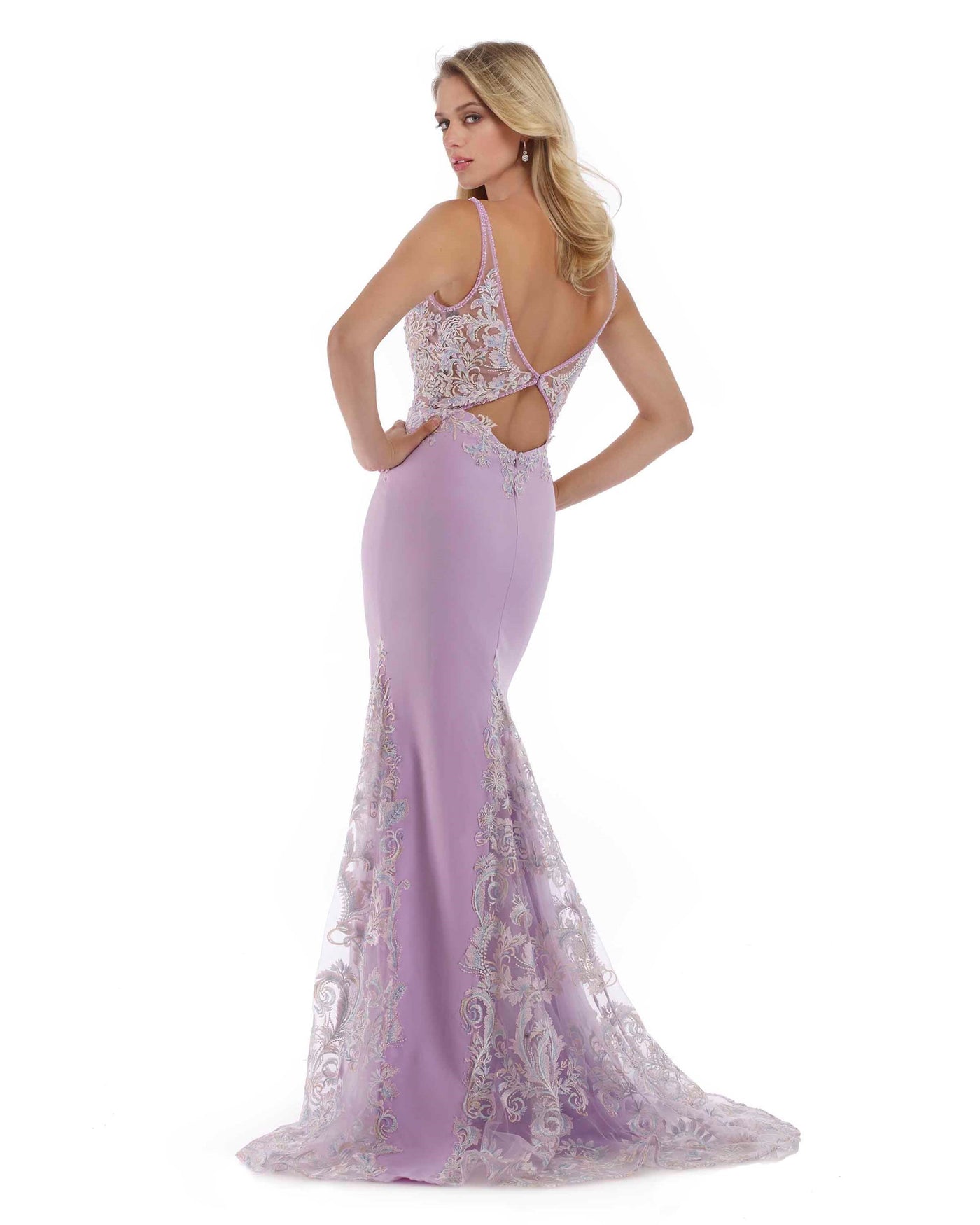 Morrell Maxie - 16098 Embroidered Deep V-neck Mermaid Dress in Purple