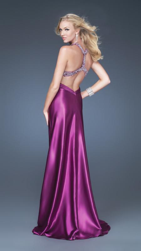 La Femme - Beaded Halter Strap Sweetheart A-line Dress 16110 in Purple