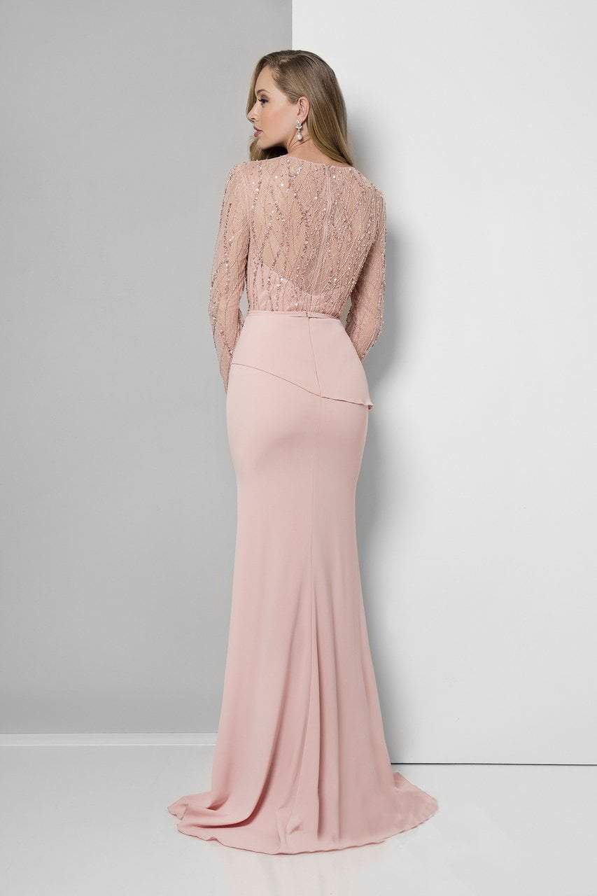 Terani Couture - Long Sleeve Wrap Trumpet Skirt Gown 1611M0635 In Pink