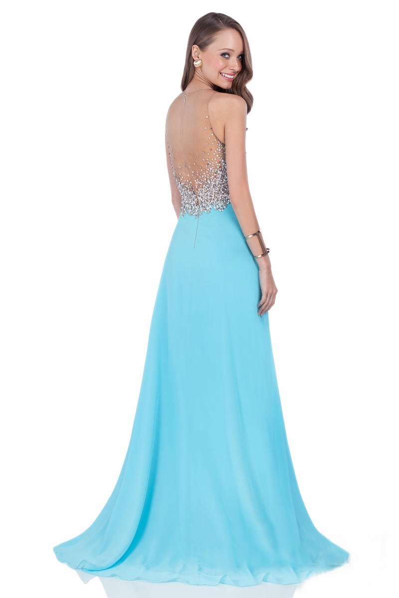 Terani Couture - Pearl Encrusted Illusion Evening Gown 1612P0502A In Blue and White