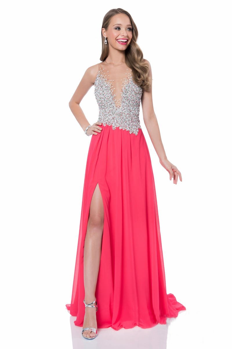 Terani Couture - Pearl Encrusted Illusion Evening Gown 1612P0502A In Pink and White