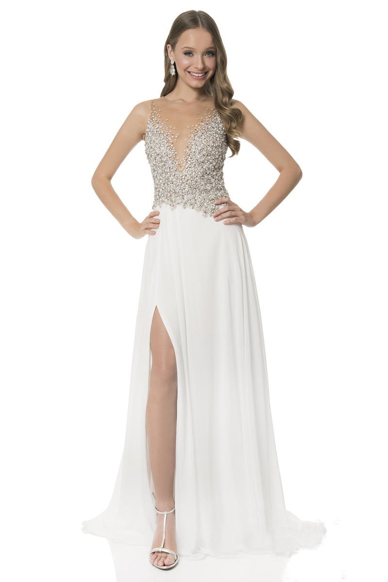 Terani Couture - Pearl Encrusted Illusion Evening Gown 1612P0502A In Silver and White