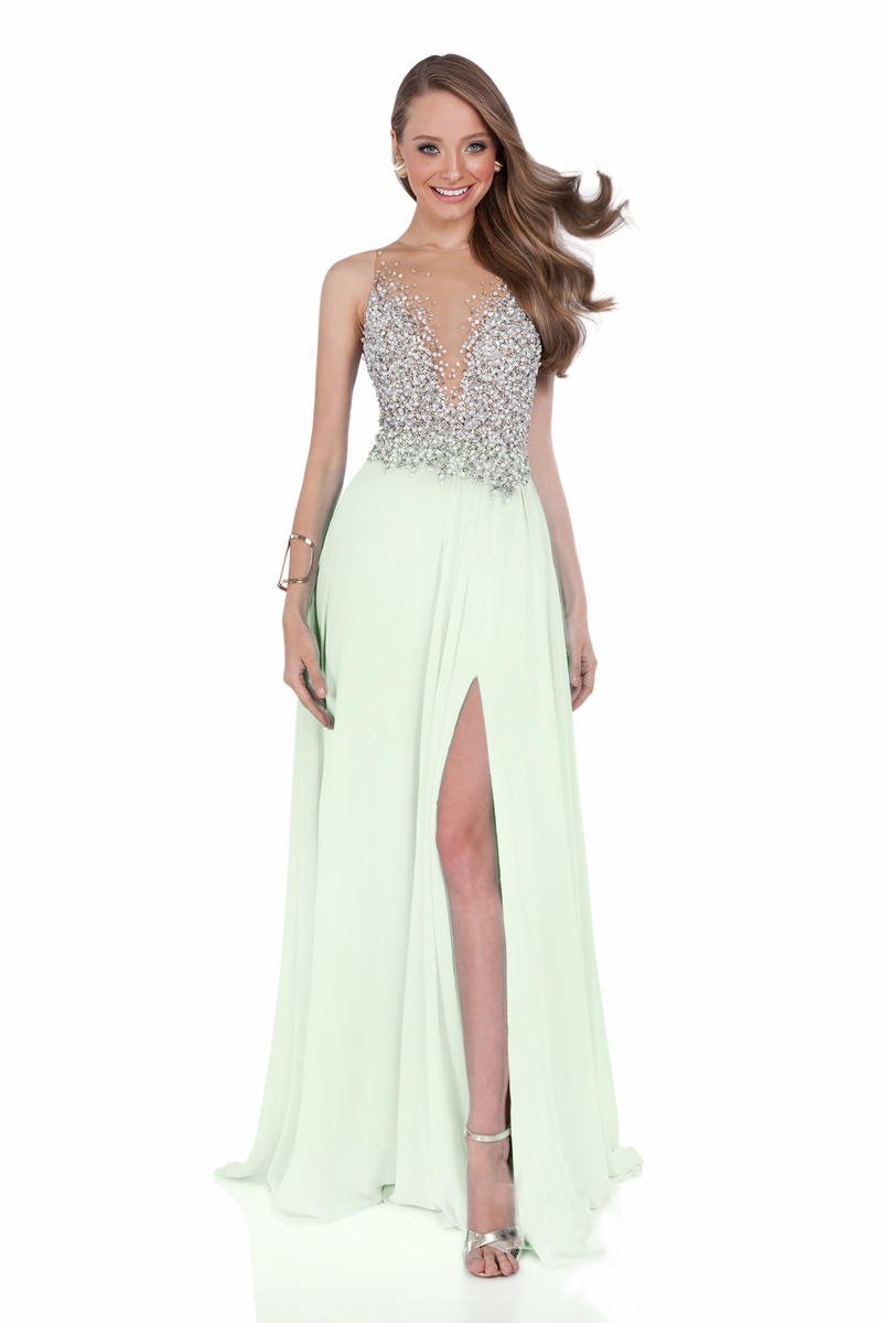 Terani Couture - Pearl Encrusted Illusion Evening Gown 1612P0502A In Green and White