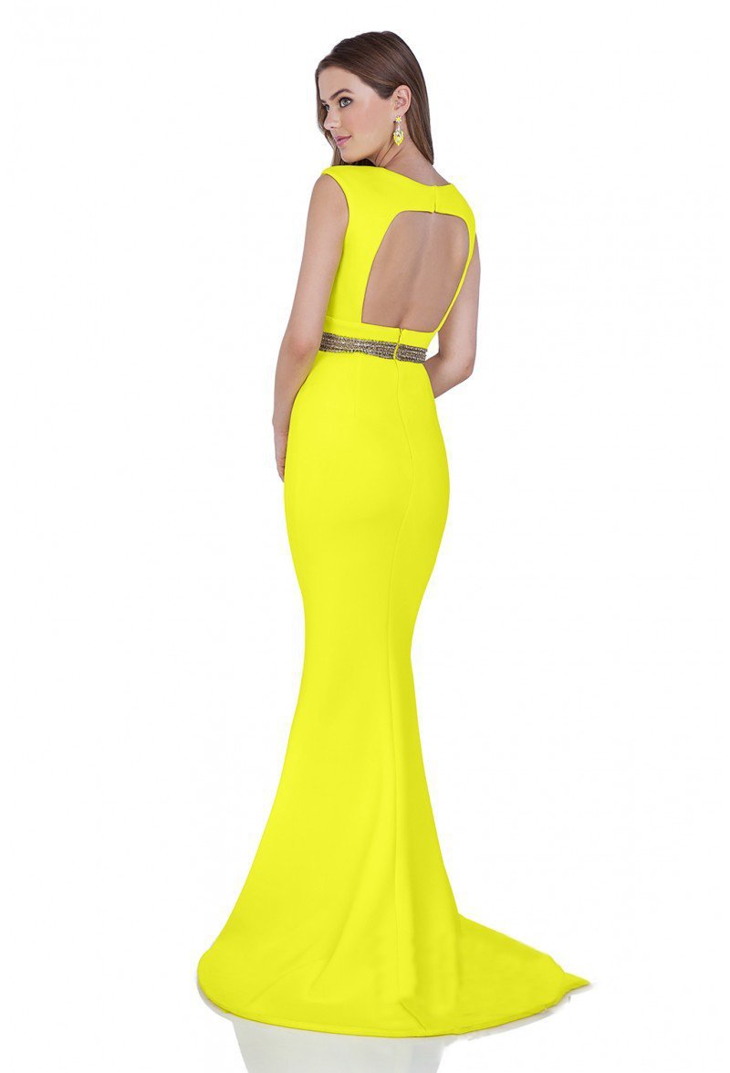 Terani Couture - 1612P0569A Beaded Modified Square Sheath Dress in Yellow