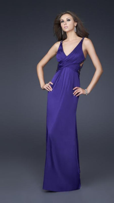 La Femme - 16152 Deep V-neckline with Strappy Back Evening Dress Special Occasion Dress 00 / Majestic Purple