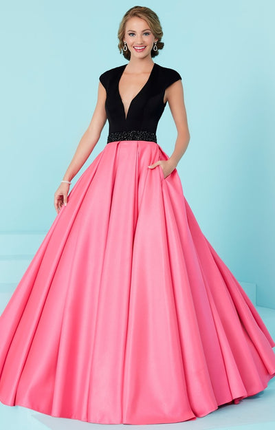 Tiffany Homecoming - 16200 Plunging V-Neck Two-Toned Ballgown In Black and Yellow