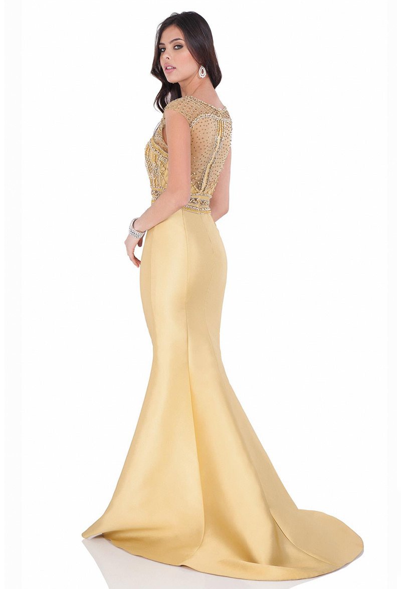 Terani Couture - 1623M1831 Jeweled Bateau Trumpet Dress in Gold