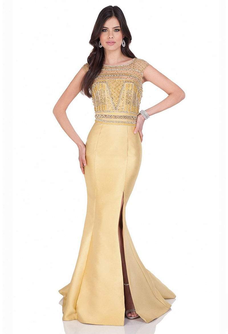 Terani Couture - 1623M1831 Jeweled Bateau Trumpet Dress in Gold