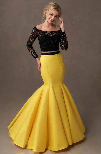 Tiffany Homecoming - 16240 Scalloped Off Shoulder Mermaid Gown in Black and Yellow