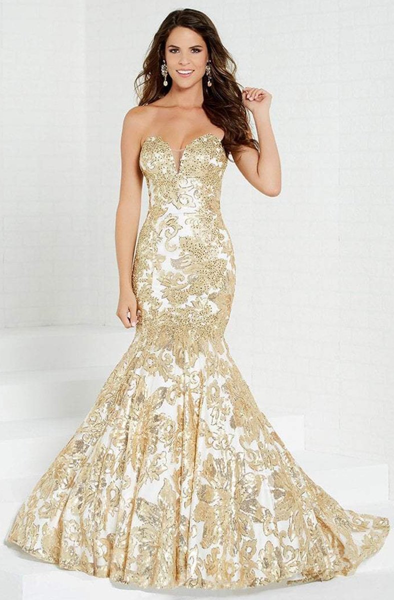 Tiffany Homecoming - 16260 Plunging Sweetheart Sequined Mermaid Gown In White and Gold
