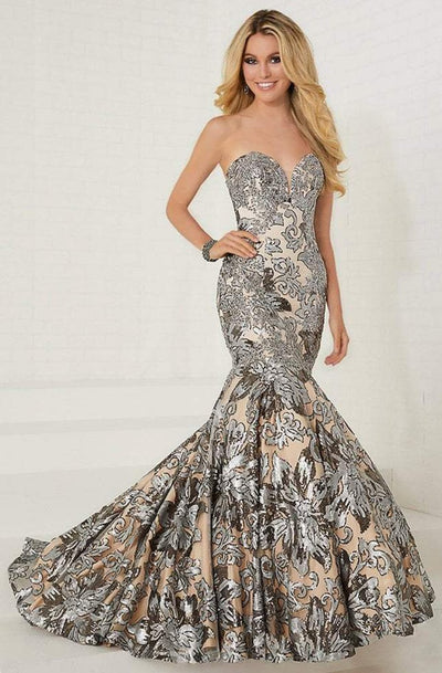 Tiffany Homecoming - 16260 Plunging Sweetheart Sequined Mermaid Gown In Silver and Neutral