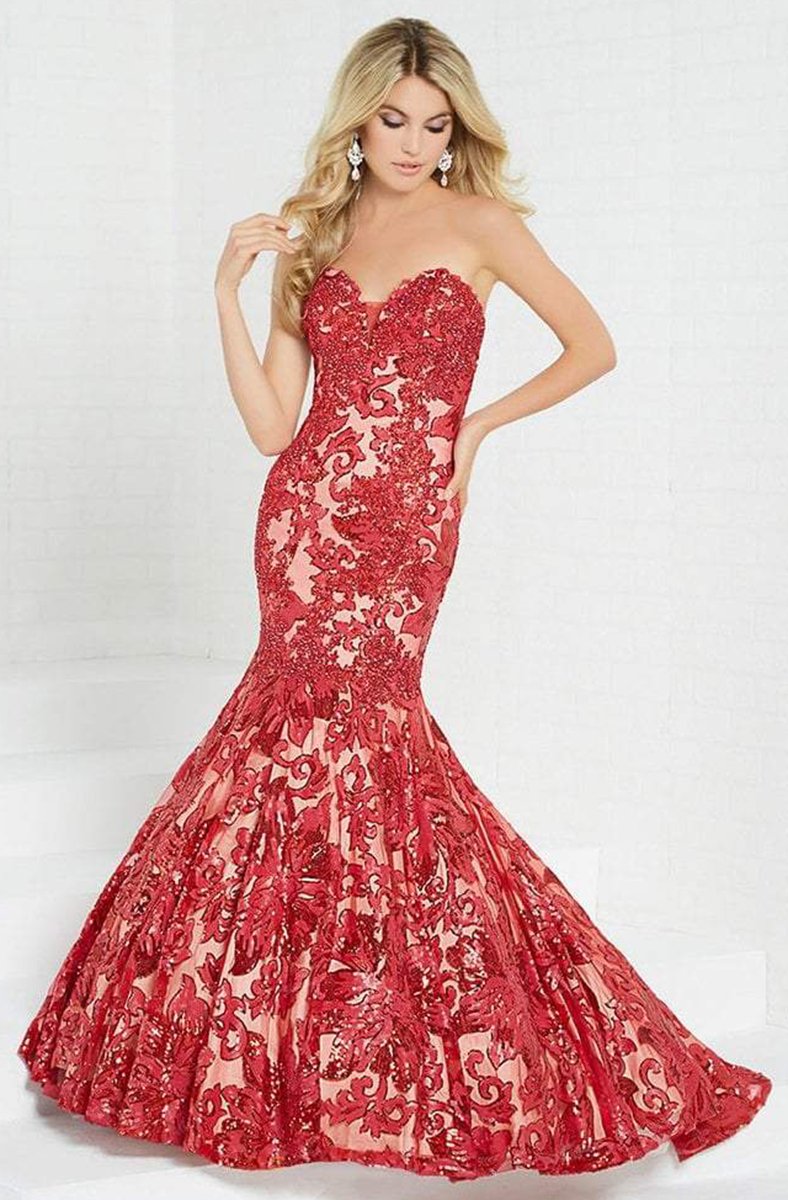 Tiffany Homecoming - 16260 Plunging Sweetheart Sequined Mermaid Gown In Red and Neutral