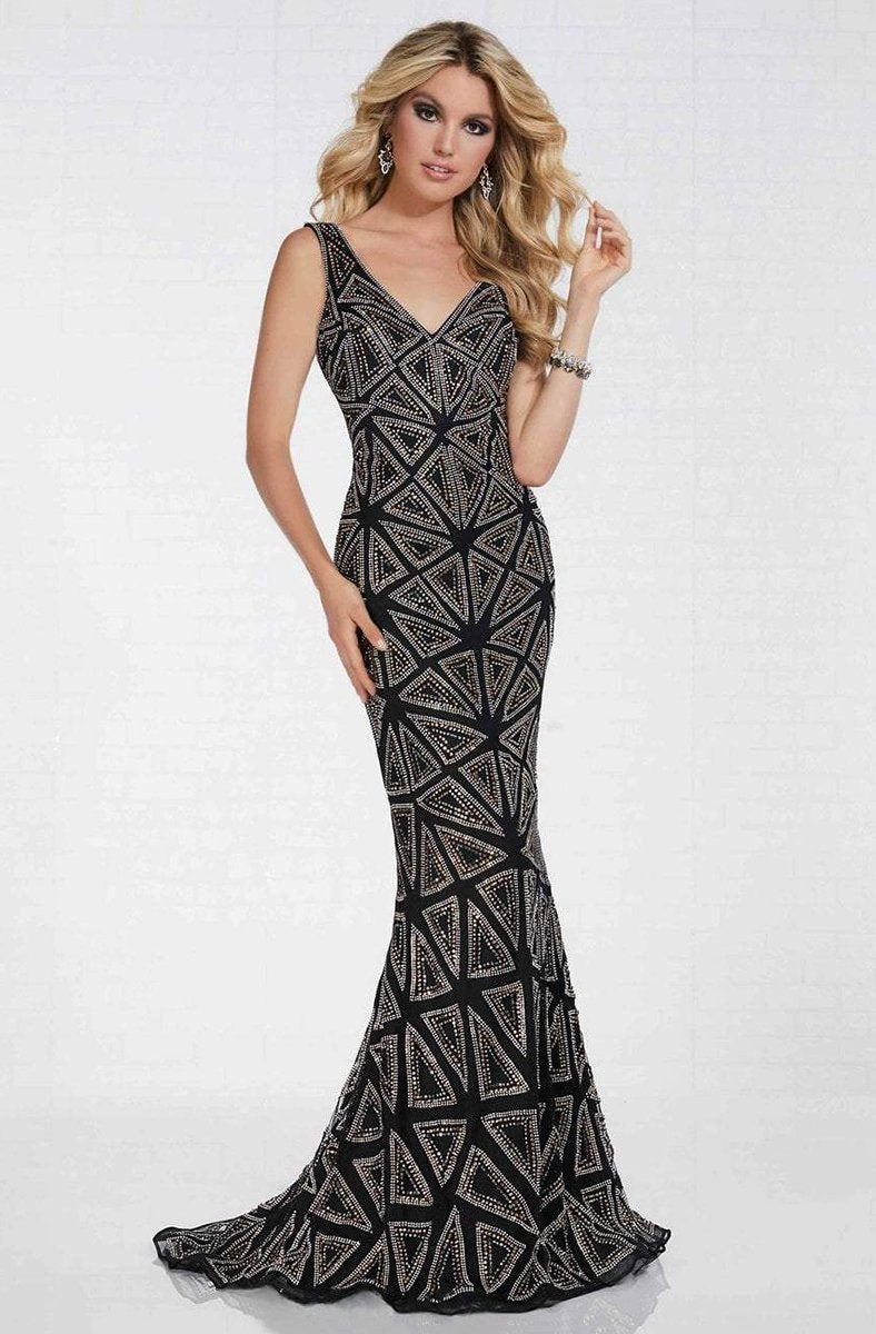 Tiffany Homecoming - 16262 Geometric Beaded Sleeveless Mermaid Gown In Black and Gold