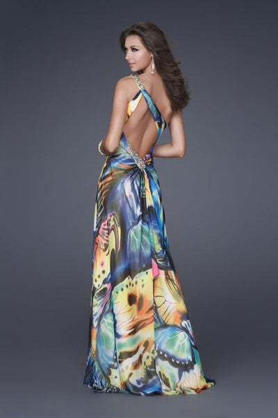 La Femme - 16265 Printed Asymmetric A-line Dress In Yellow and Print