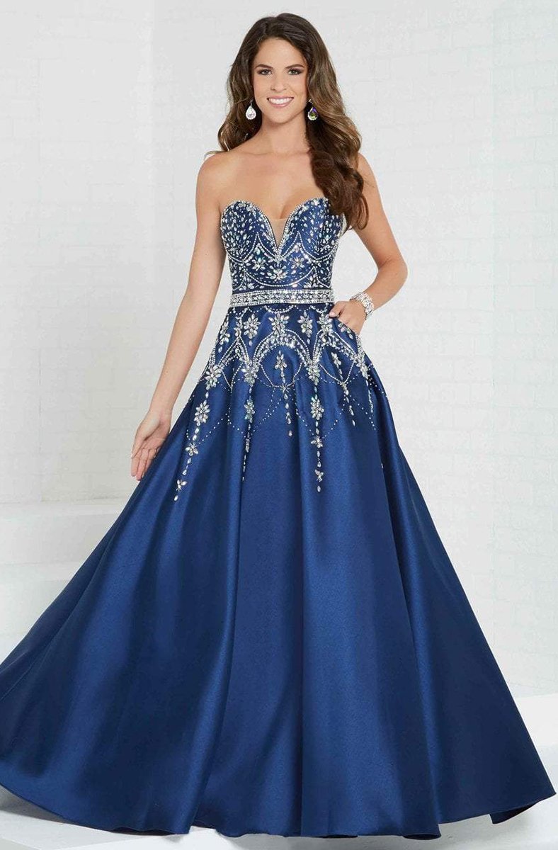 Tiffany Homecoming - 16266 Plunging Sweetheart Jeweled Mikado Ballgown In Blue