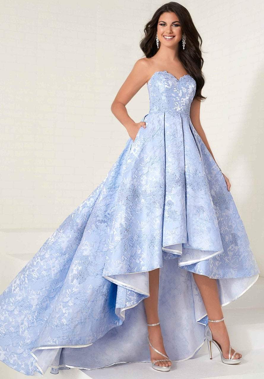 Tiffany Homecoming - 16267 Appliqued Strapless Brocade High Low Ballgown In Blue and Purple