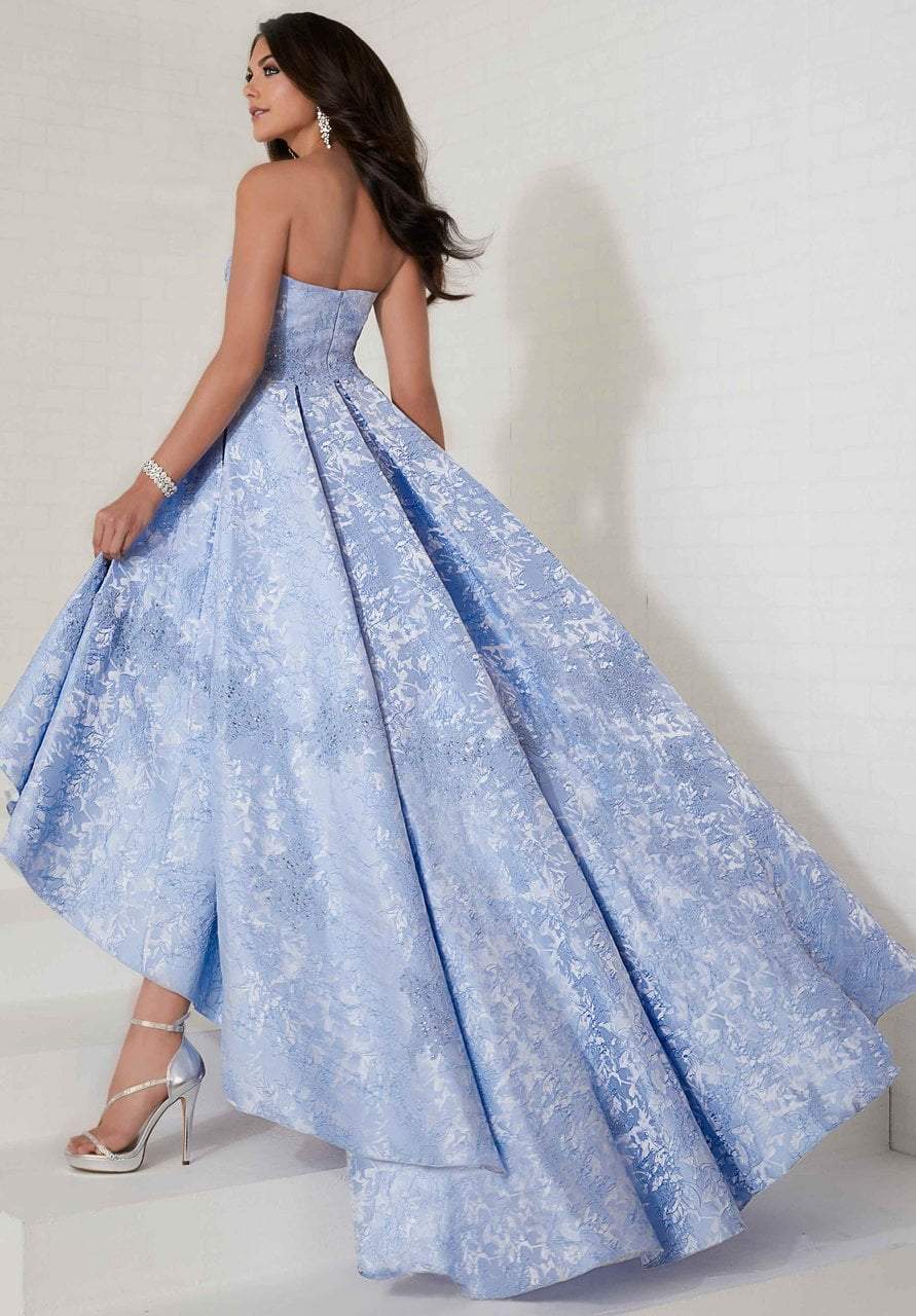 Tiffany Homecoming - 16267 Appliqued Strapless Brocade High Low Ballgown In Blue and Purple