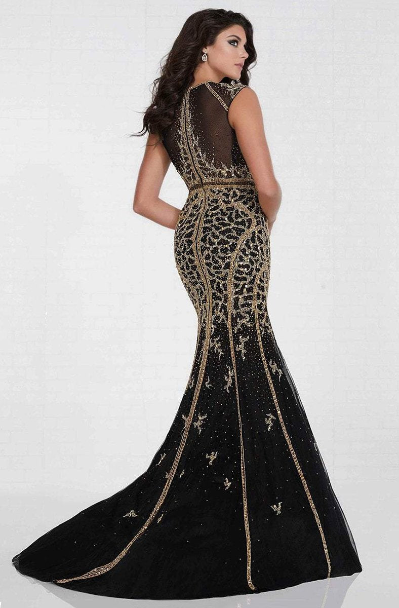 Tiffany Homecoming - 16276 Cap Sleeve Gilt Beaded Illusion Trumpet Gown In Black and Gold