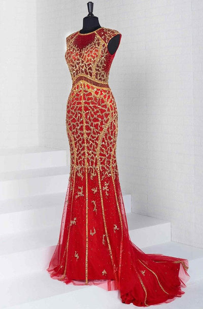 Tiffany Homecoming - 16276 Cap Sleeve Gilt Beaded Illusion Trumpet Gown In Red and Gold