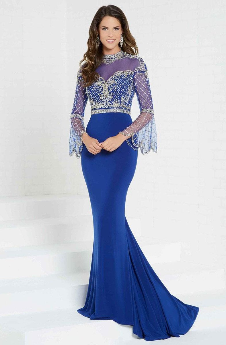 Tiffany Homecoming - 16285 Sequined High Neck Jersey Trumpet Dress In Blue