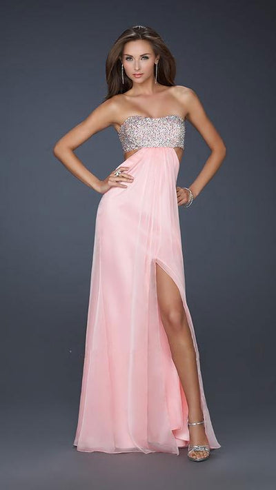 La Femme - Strapless Chiffon Gown with Exquisite Beading 16291 In Pink and Silver