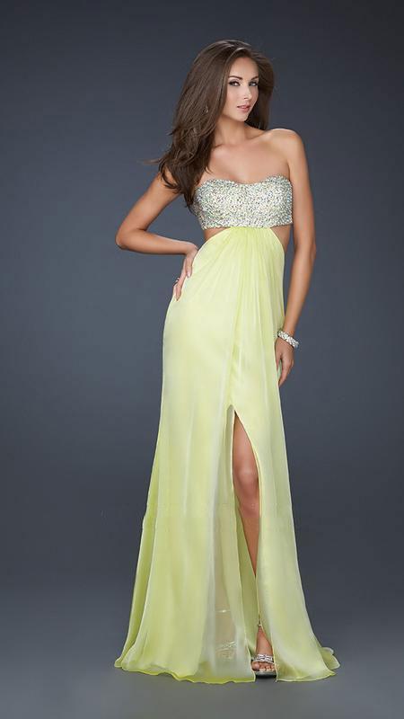 La Femme - Strapless Chiffon Gown with Exquisite Beading 16291 In Yellow and Silver