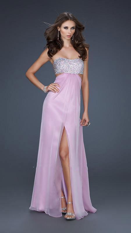 La Femme - Strapless Chiffon Gown with Exquisite Beading 16291 In Pink and Silver