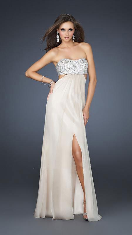 La Femme - Strapless Chiffon Gown with Exquisite Beading 16291 In Neutral and Silver