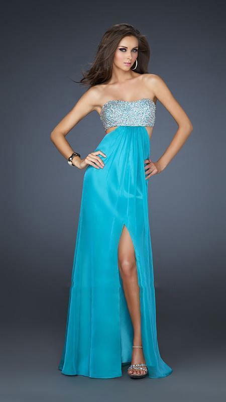 La Femme - Strapless Chiffon Gown with Exquisite Beading 16291 In Blue