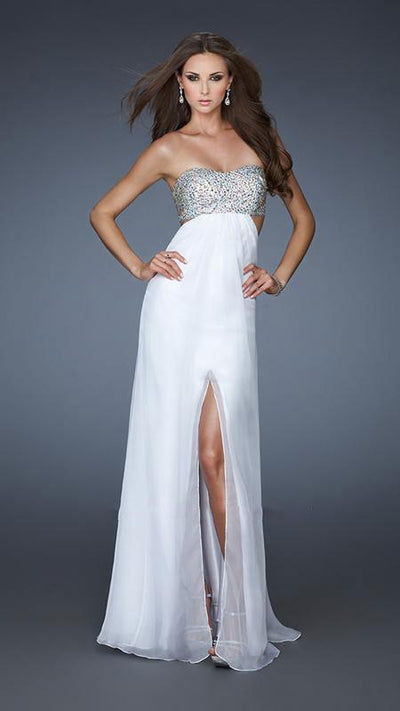 La Femme - Strapless Chiffon Gown with Exquisite Beading 16291 In White and Silver