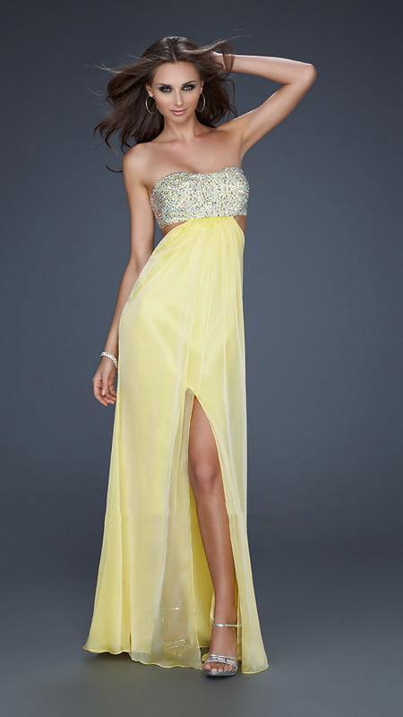 La Femme - Strapless Chiffon Gown with Exquisite Beading 16291 In Yellow and Silver