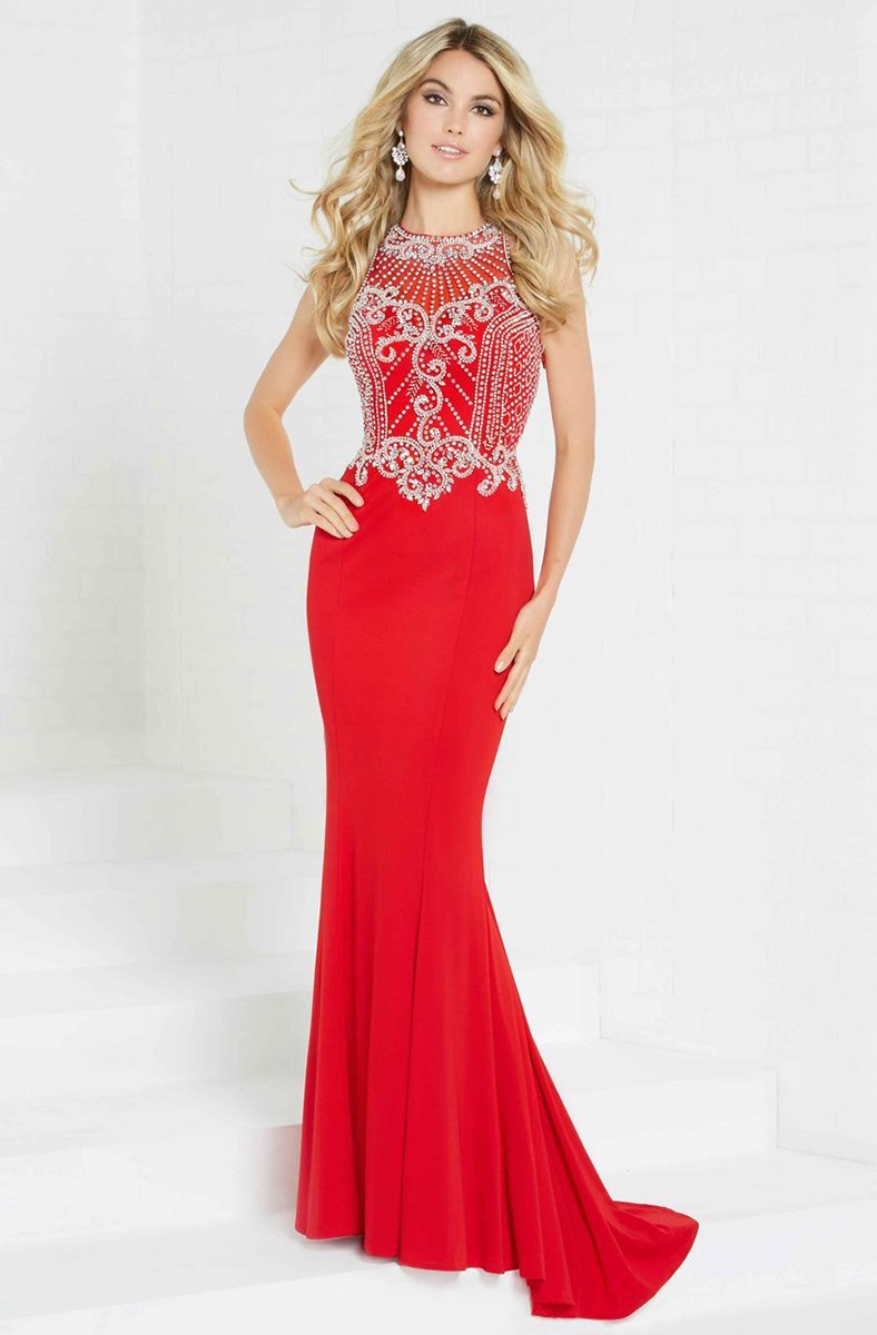 Tiffany Homecoming - 16293 Embellished Illusion Halter Jersey Dress In Red