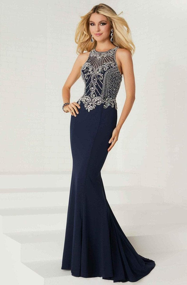 Tiffany Homecoming - 16293 Embellished Illusion Halter Jersey Dress In Blue