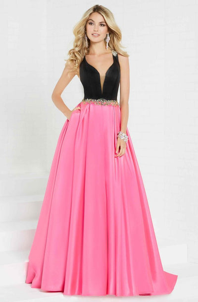 Tiffany Homecoming - 16297 Beaded Deep V-neck Shimmer Satin Ballgown In Black and Pink