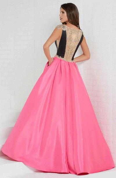 Tiffany Homecoming - 16297 Beaded Deep V-neck Shimmer Satin Ballgown In Black and Pink