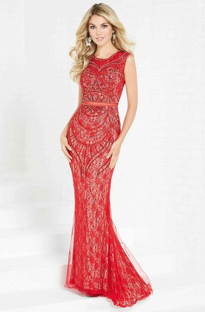 Tiffany Homecoming - 16306 Beaded Lace Bateau Sheath Dress In Red and Neutral