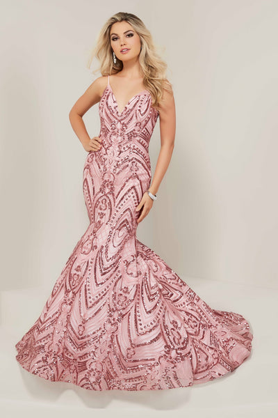 Tiffany Designs - 16326 Embroidered V-Neck Mermaid Gown In Pink