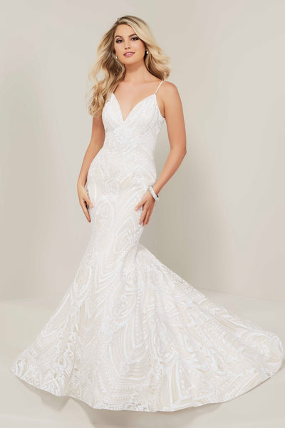Tiffany Designs - 16326 Embroidered V-Neck Mermaid Gown In White and Neutral