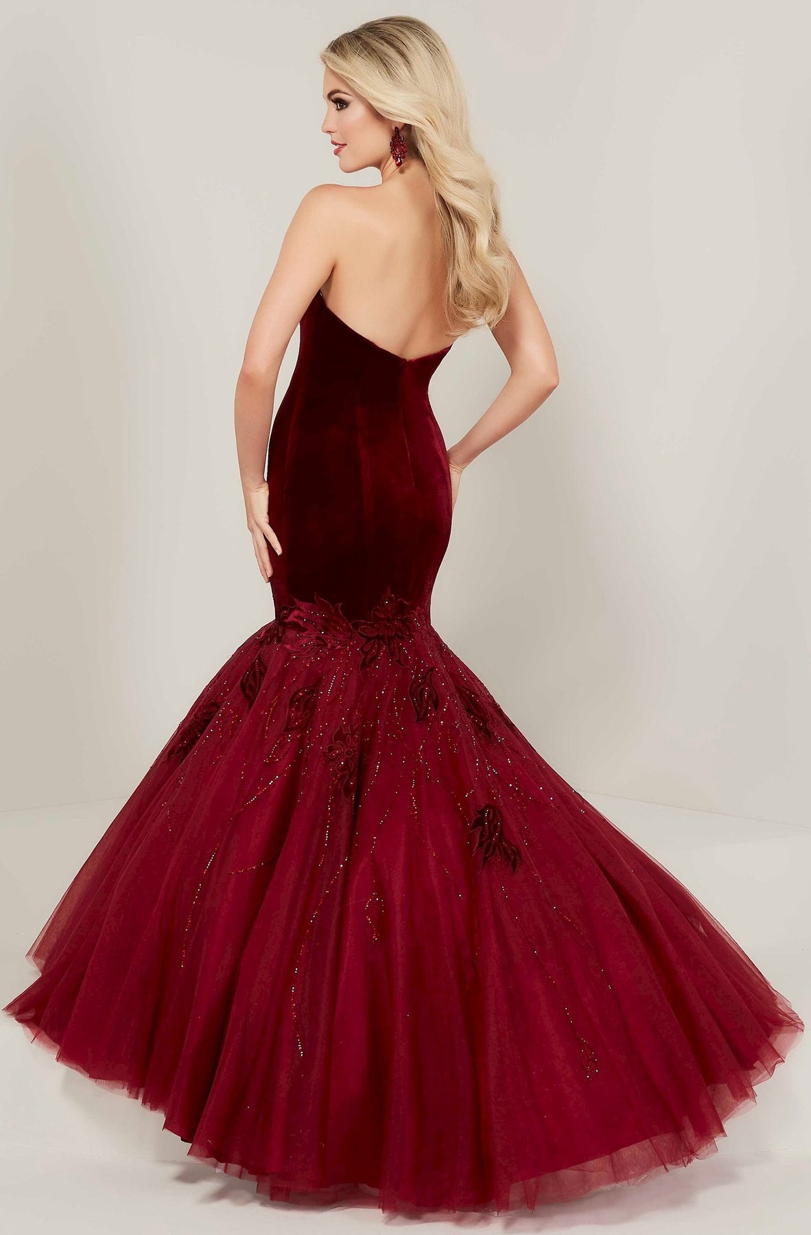 Tiffany Designs - 16330 Strapless Velvet Mermaid Gown In Red