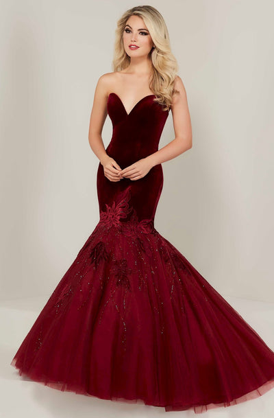 Tiffany Designs - 16330 Strapless Velvet Mermaid Gown In Red