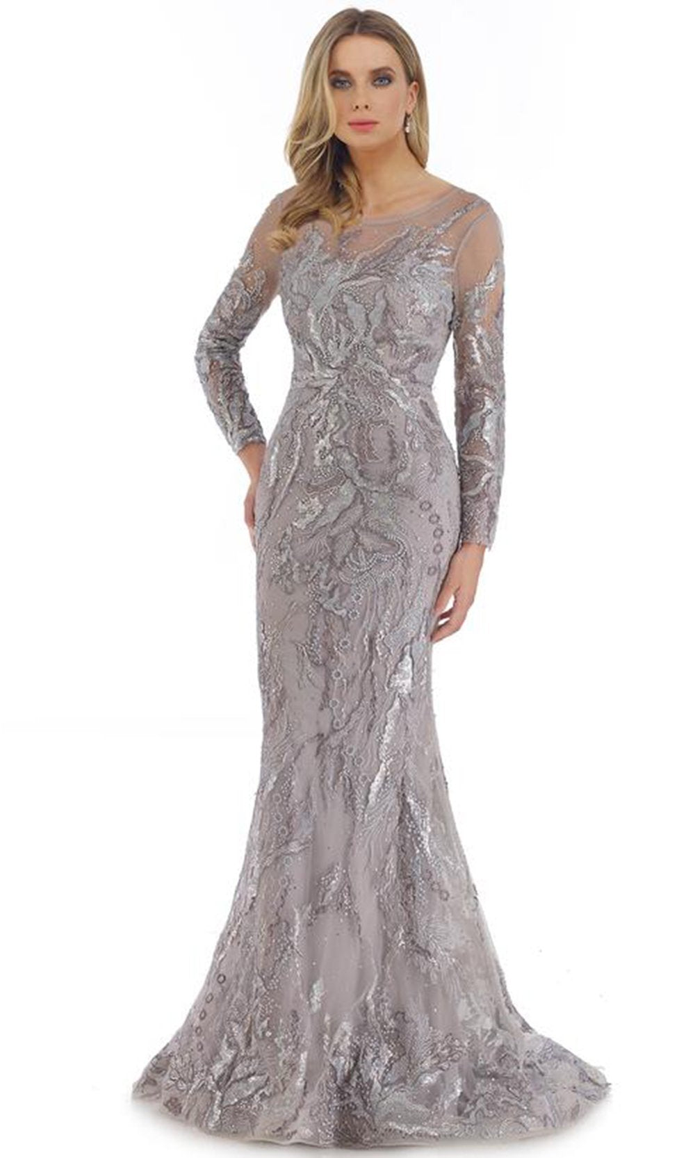 Morrell Maxie - Sheer Long Sleeve Jeweled Dress 16332 In Gray and Silver