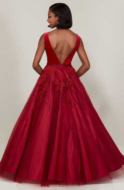 Tiffany Designs - 16342 Plunging V-Neck Floral Ballgown In Red