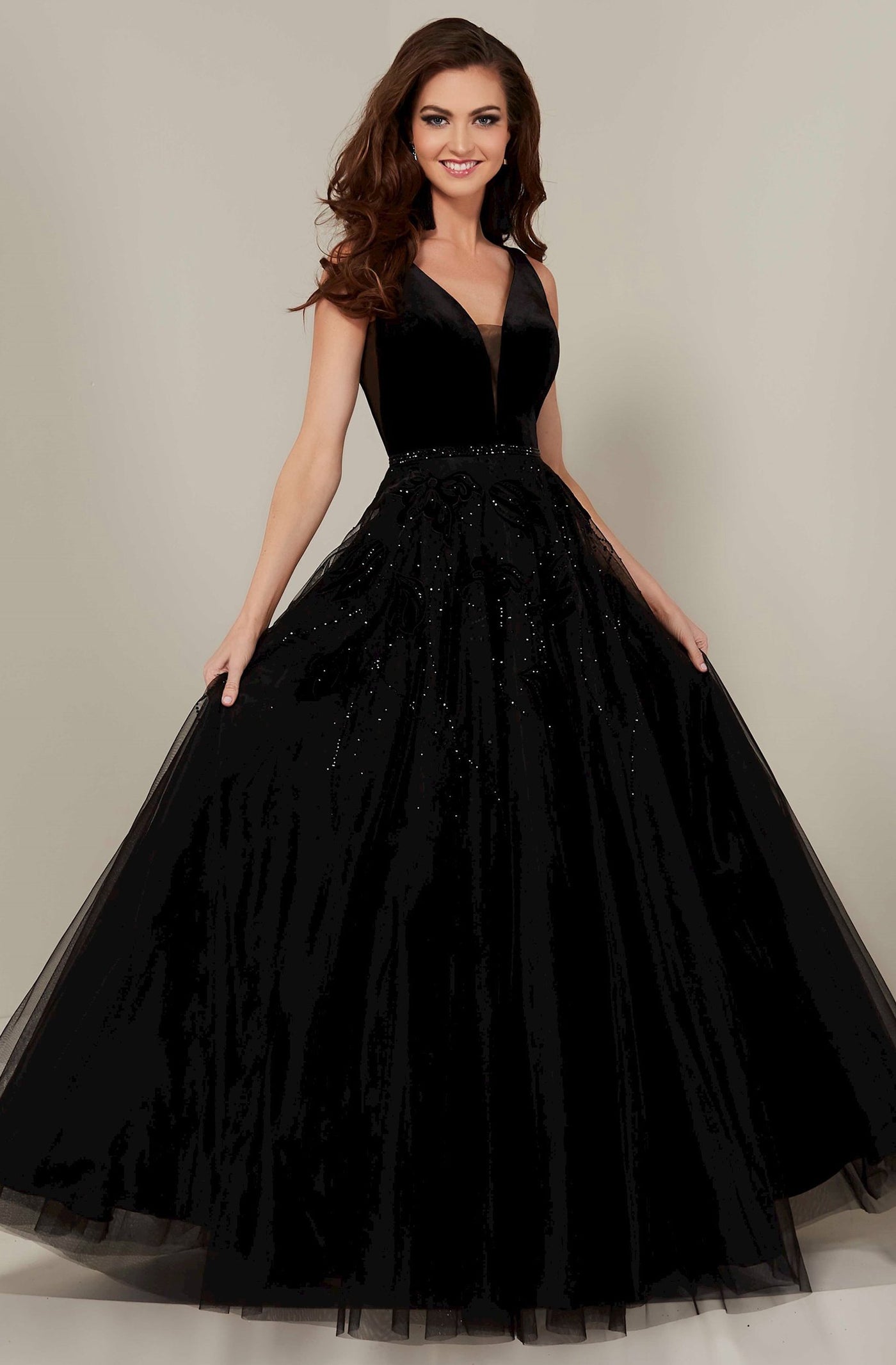 Tiffany Designs - 16342 Plunging V-Neck Floral Ballgown In Black