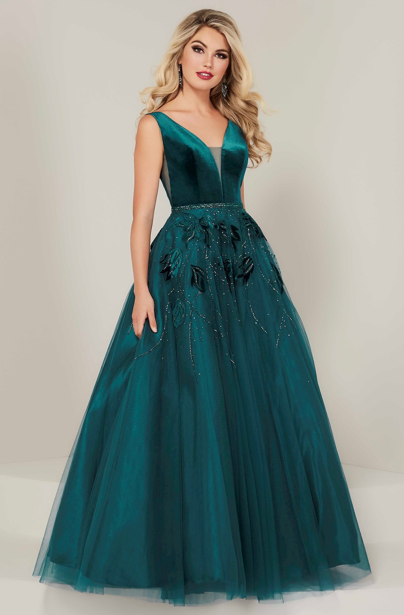 Tiffany Designs - 16342 Plunging V-Neck Floral Ballgown In Blue