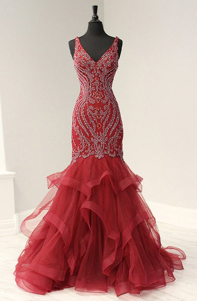 Tiffany Designs - 16351 Beaded V-Neck Layered Mermaid Dress In Red