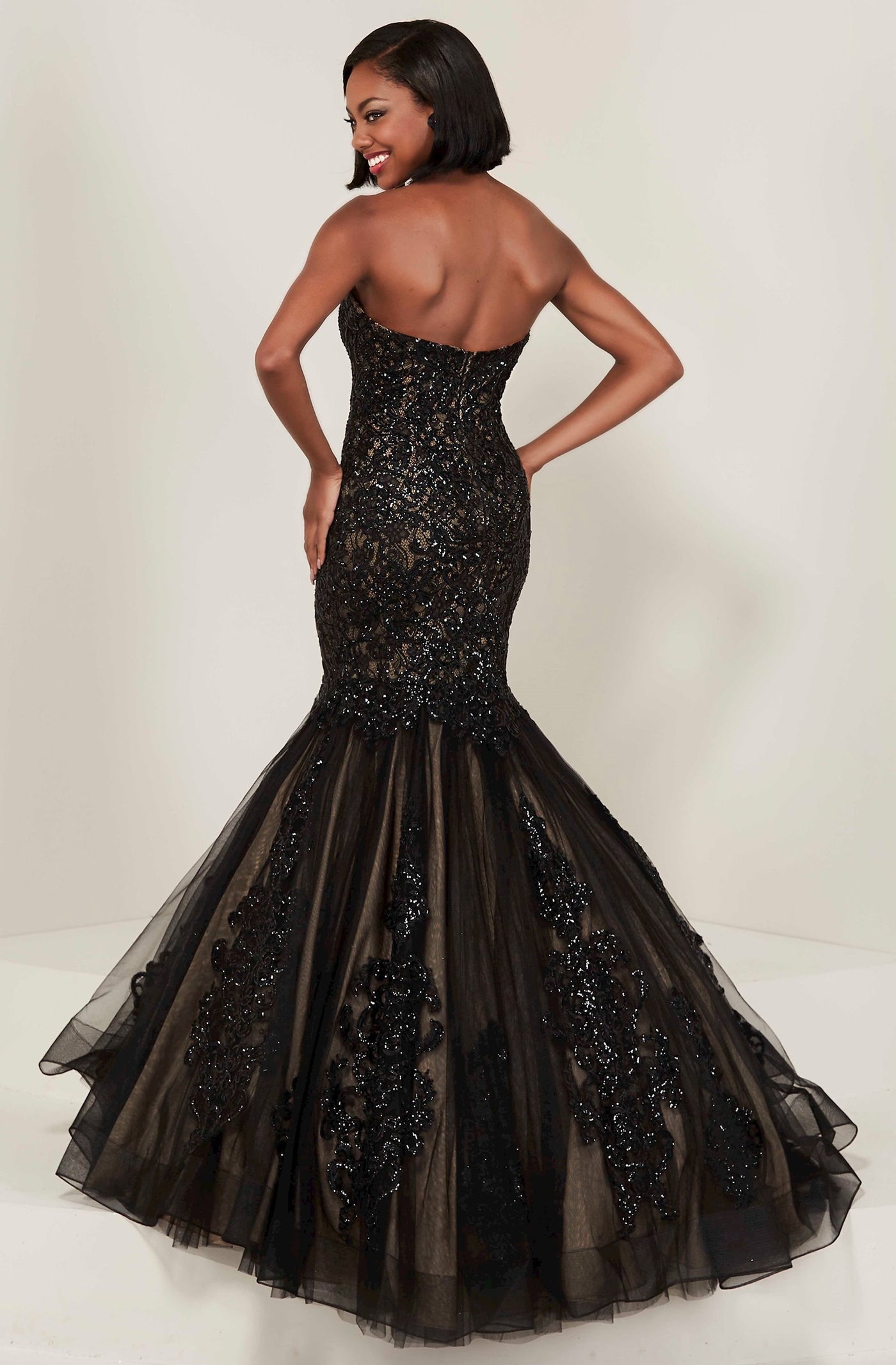 Tiffany Designs - 16356 Sequined Lace Tulle Mermaid Dress In Black and Neutral