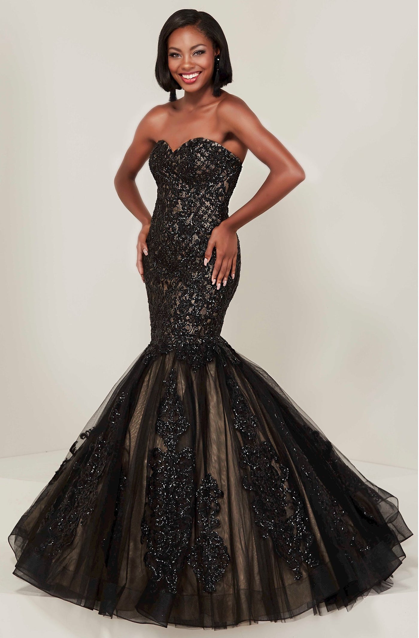 Tiffany Designs - 16356 Sequined Lace Tulle Mermaid Dress In Black and Neutral